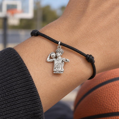Custom Basketball Star Charm Bracelet – Personalized Athlete Gift – worn on the wrist on a black cord bracelet