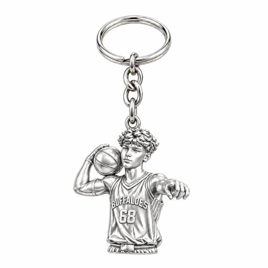 Custom Basketball Star Charm Keychain – silver, front view