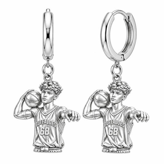 Custom Basketball Star Huggie Charm Earrings – silver, front view