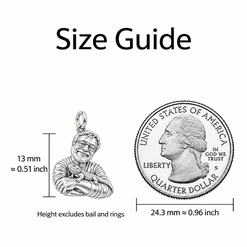 Custom Bearded Dragon Selfie Charm Bracelet – Personalized Pet Lovers Gift – size guide, 13 mm charm next to a quarter