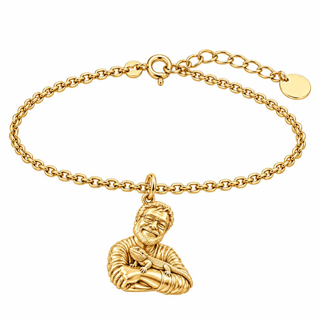 Custom Bearded Dragon Selfie Charm Bracelet Set – 18K gold, front view
