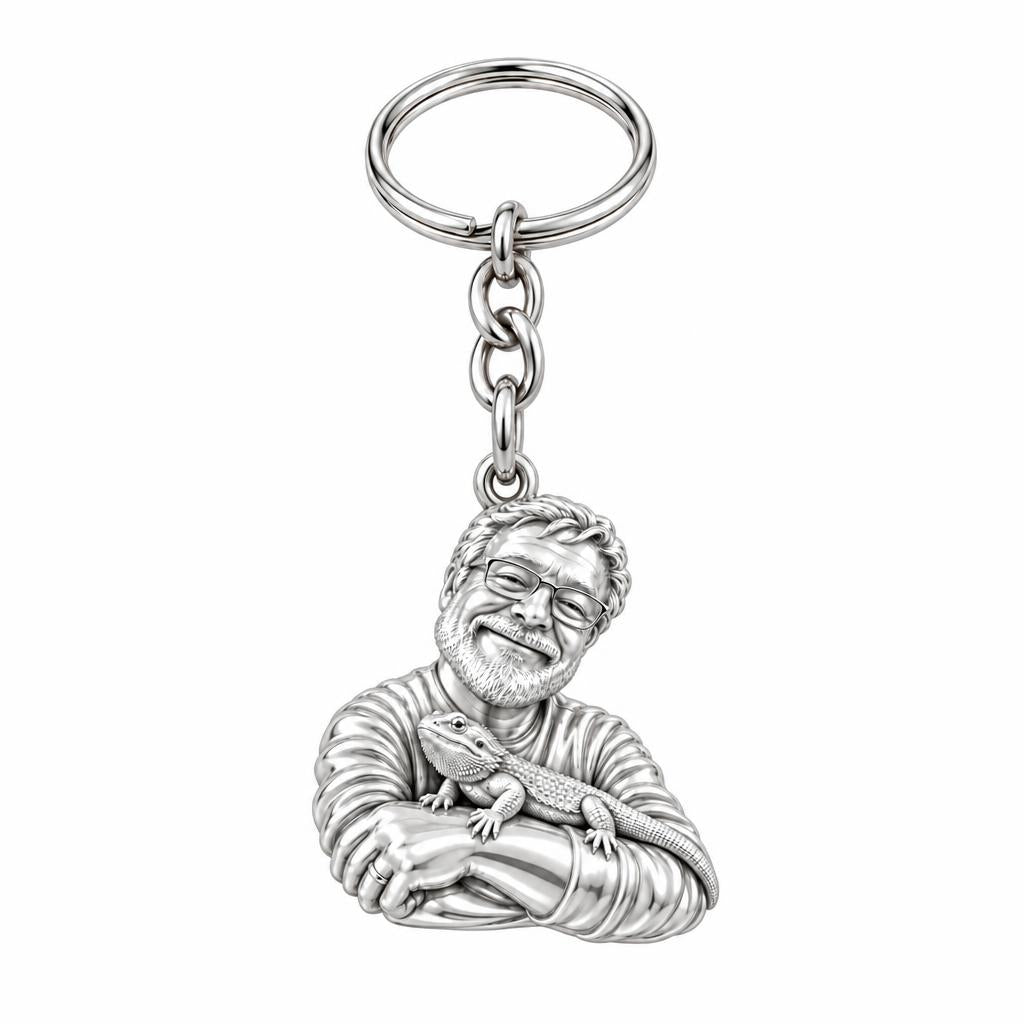 Custom Bearded Dragon Selfie Charm Keychain – silver, front view