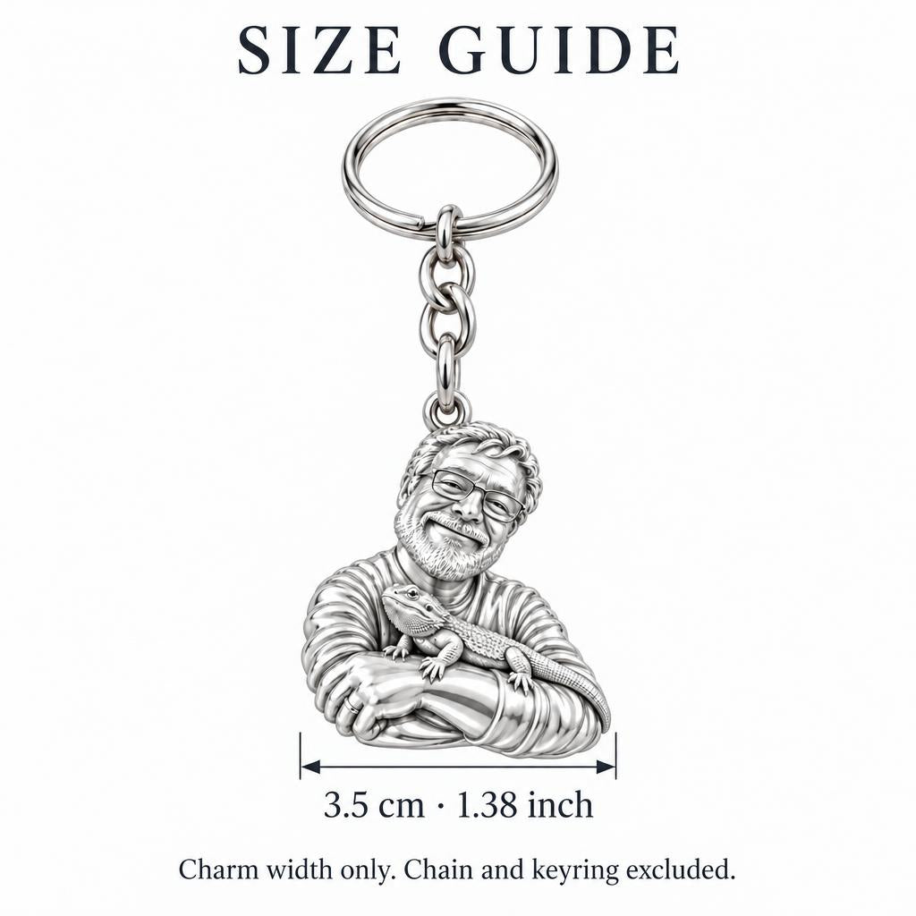Custom Bearded Dragon Selfie Charm Keychain – size guide, 3.5 cm (1.38 in) charm, chain and keyring excluded