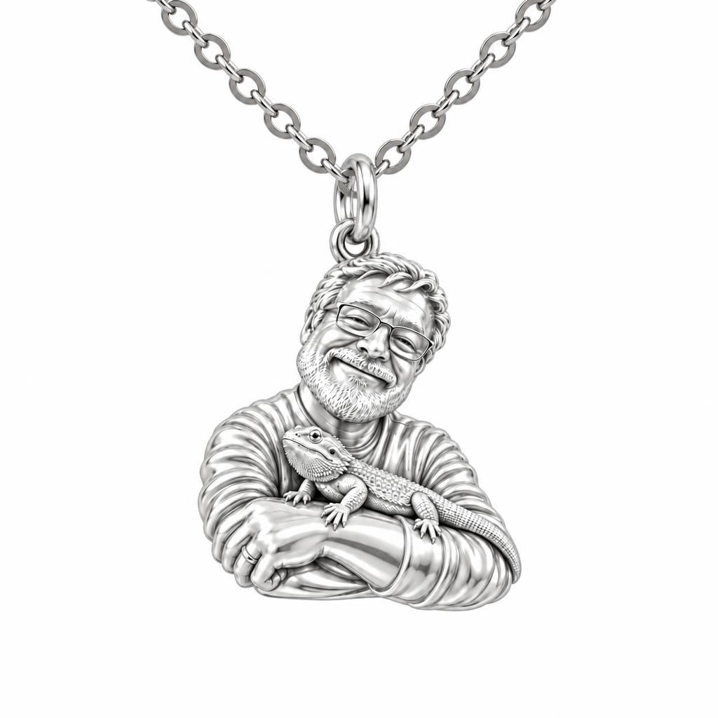 Custom Bearded Dragon Selfie Charm Necklace Set – silver, front view