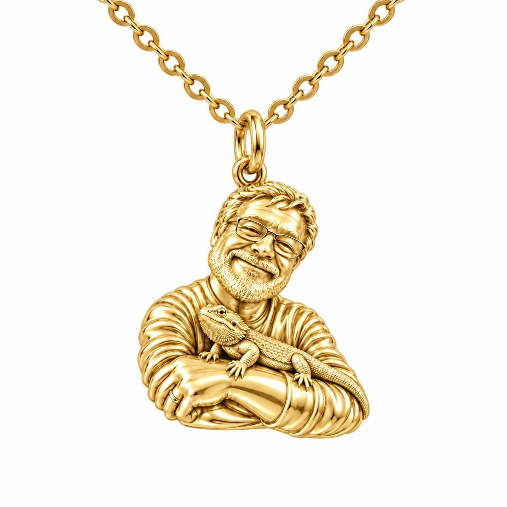 Custom Bearded Dragon Selfie Charm Necklace Set – 18K gold, front view