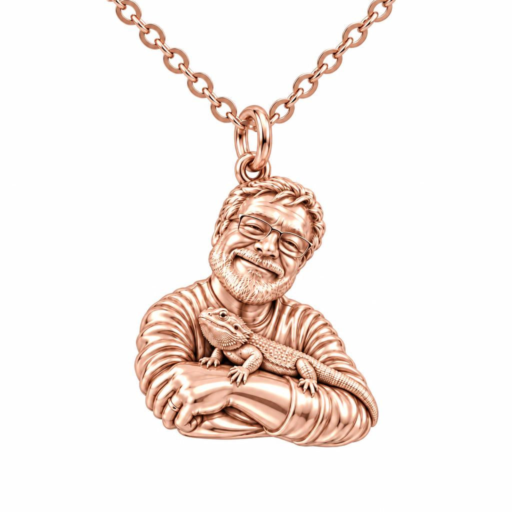 Custom Bearded Dragon Selfie Charm Necklace Set – rose gold, front view