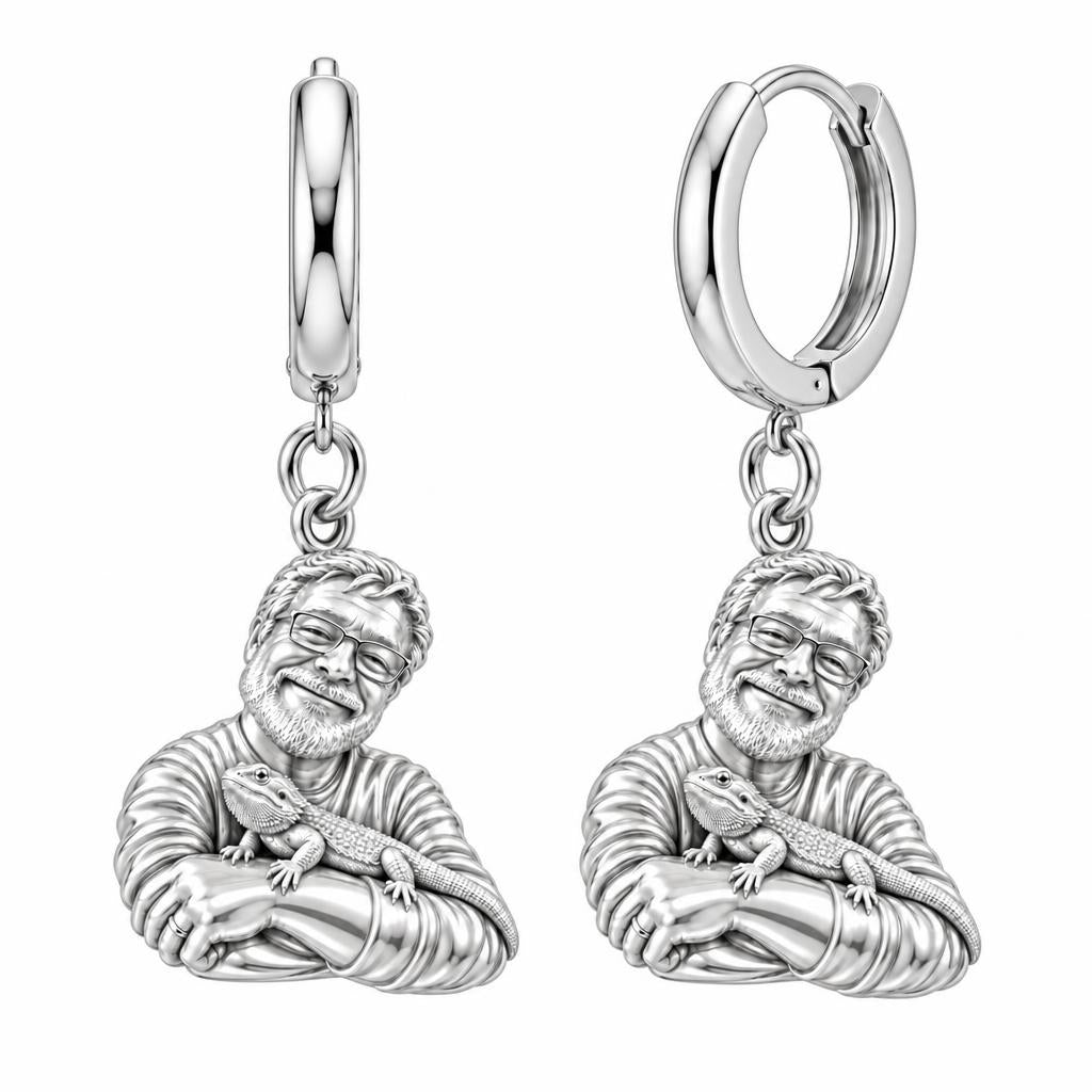 Custom Bearded Dragon Selfie Huggie Charm Earrings – silver, front view