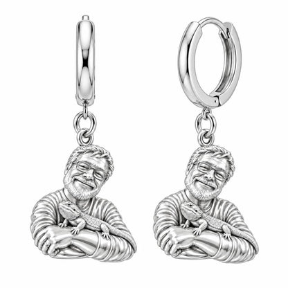 Custom Bearded Dragon Selfie Huggie Charm Earrings – silver, front view