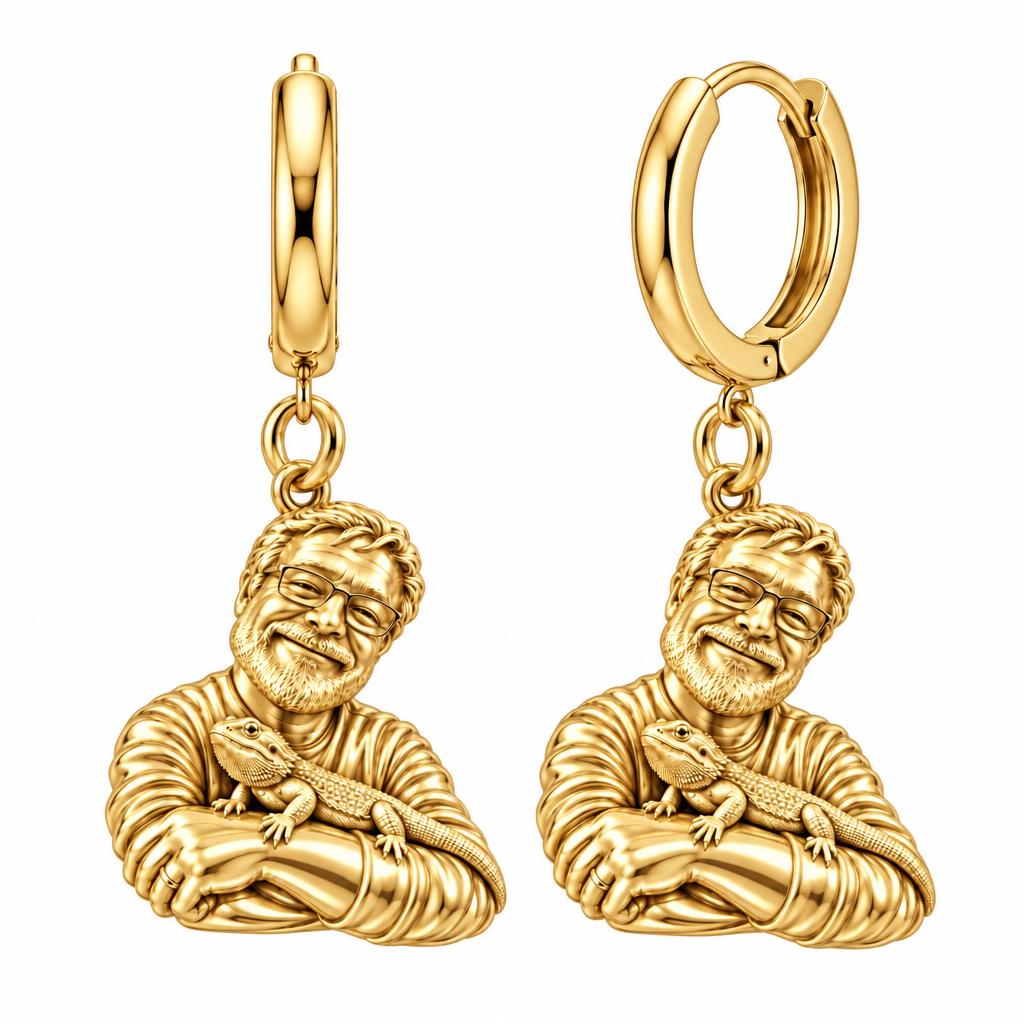 Custom Bearded Dragon Selfie Huggie Charm Earrings – 18K gold, front view