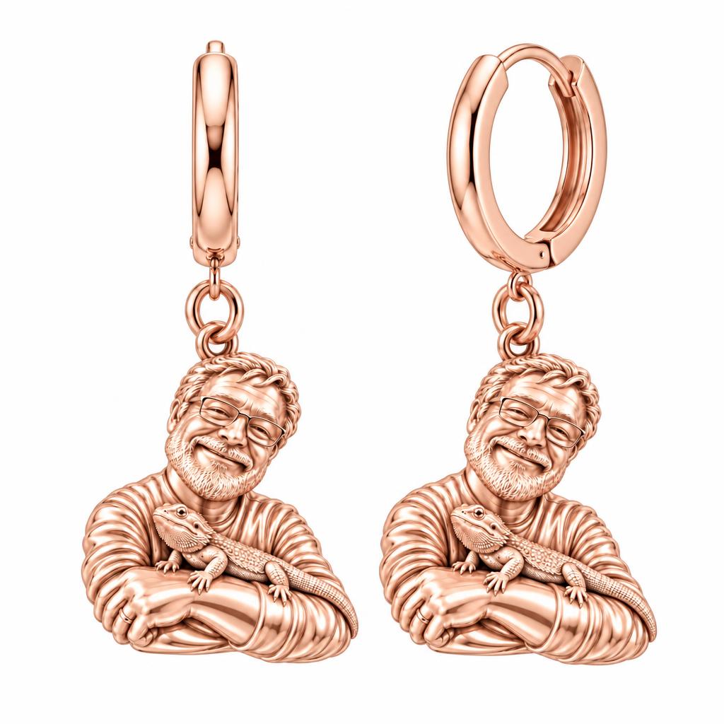 Custom Bearded Dragon Selfie Huggie Charm Earrings – rose gold, front view