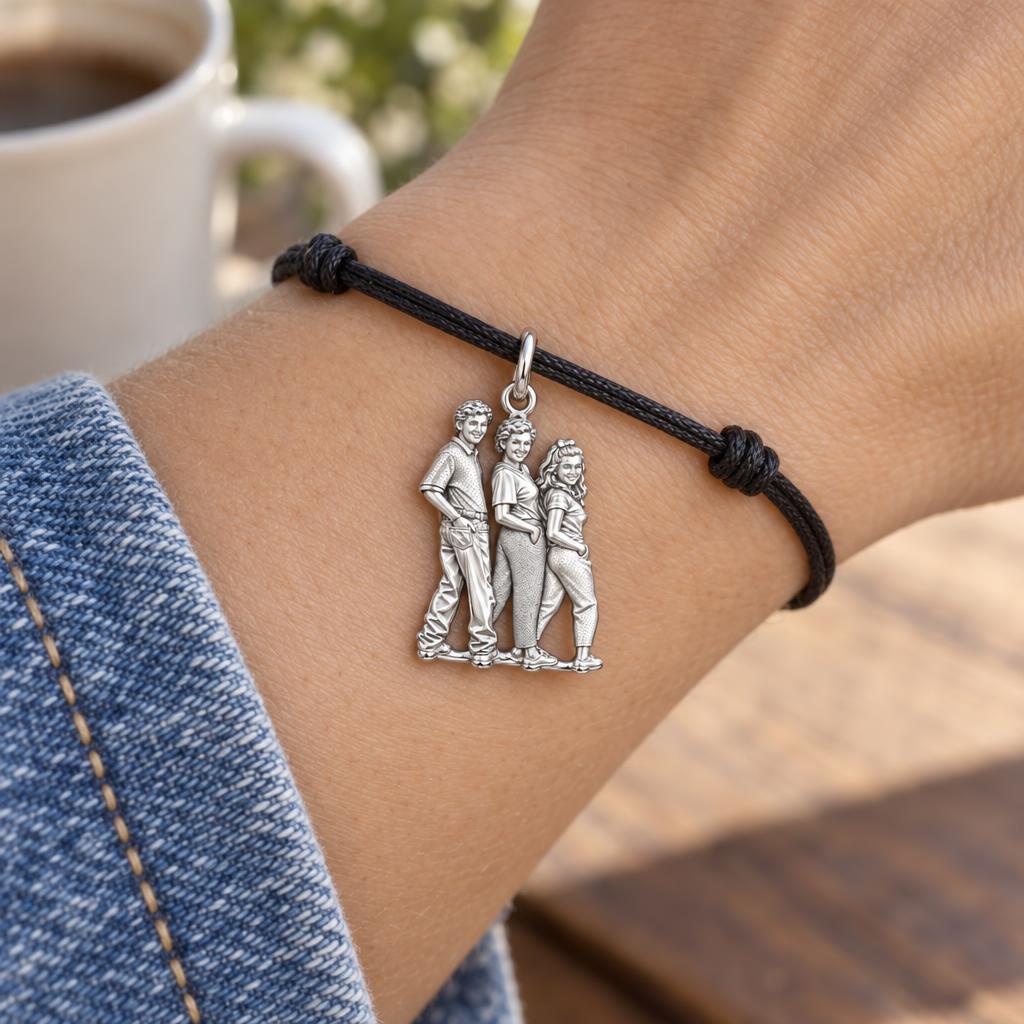 Custom Family Portrait Charm Bracelet – Personalized Mom Gift – worn on the wrist on a black cord bracelet