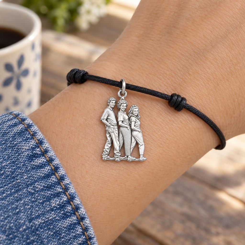 Custom Family Portrait Charm Bracelet – Personalized Mom Gift – worn on the wrist on a black cord bracelet