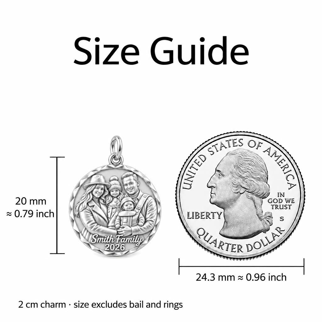 Custom Family Portrait Charm Bracelet – Personalized Mom Gift – size guide, 2 cm charm next to a quarter