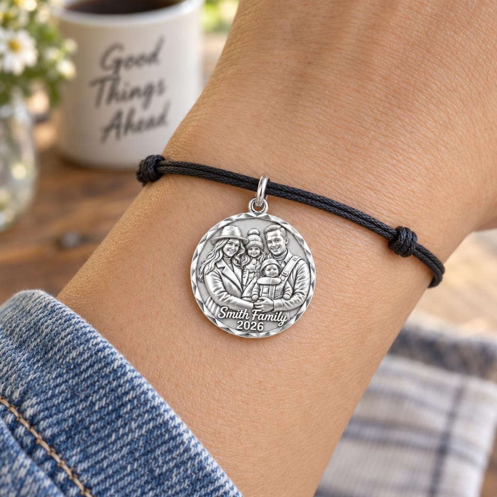 Custom Family Portrait Charm Bracelet – Personalized Mom Gift – worn on the wrist on a black cord bracelet