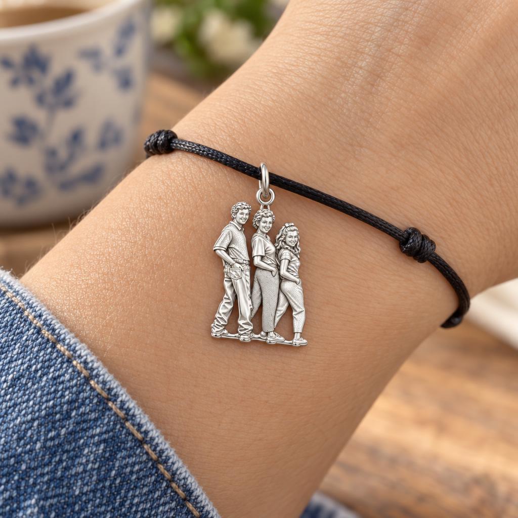 Custom Family Portrait Charm Bracelet – Personalized Mom Gift – worn on the wrist on a black cord bracelet