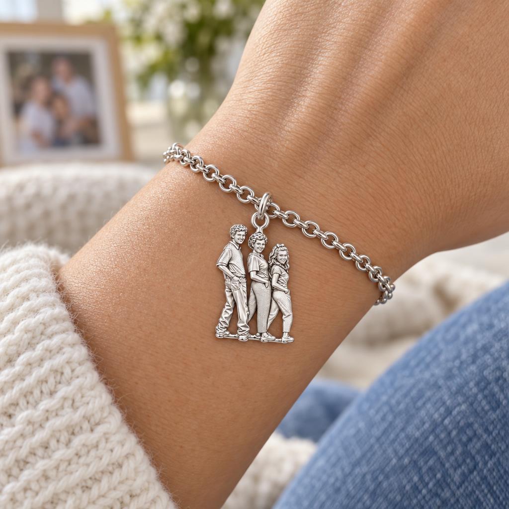 Custom Family Portrait Charm Bracelet Set – worn / in use