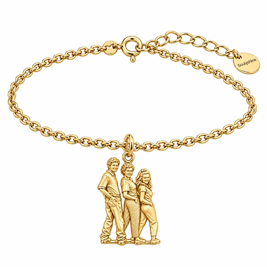 Custom Family Portrait Charm Bracelet Set – 18K gold, front view