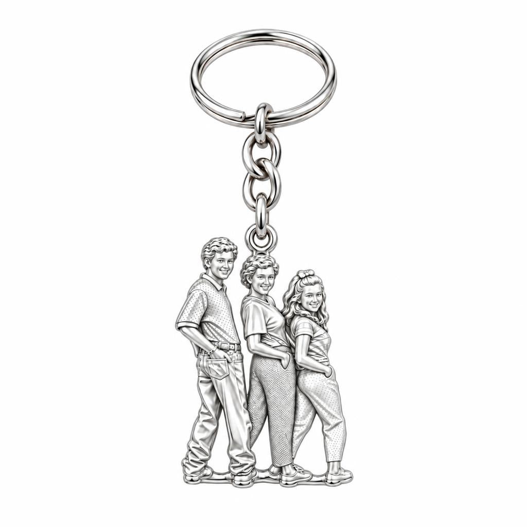 Custom Family Portrait Charm Keychain – silver, front view