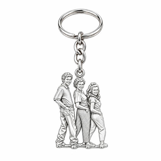 Custom Family Portrait Charm Keychain – silver, front view