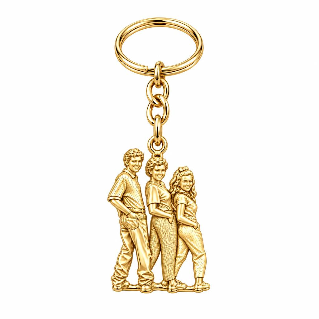 Custom Family Portrait Charm Keychain – 18K gold, front view