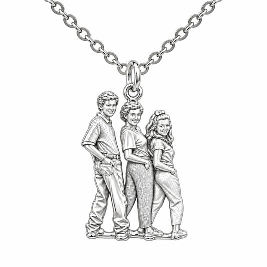 Custom Family Portrait Charm Necklace Set – silver, front view
