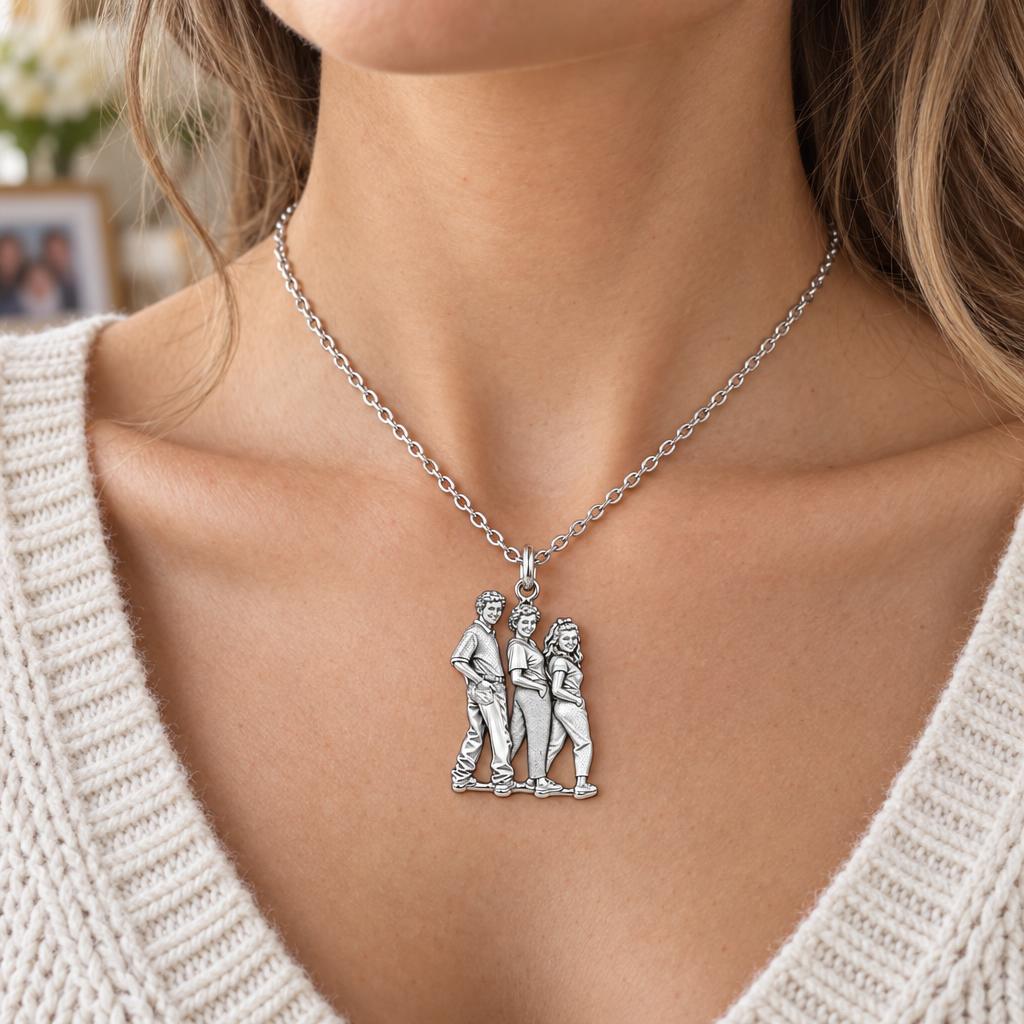 Custom Family Portrait Charm Necklace Set – worn / in use