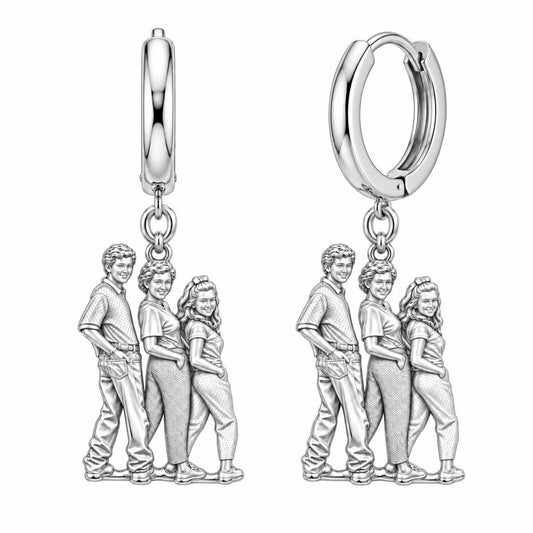 Custom Family Portrait Huggie Charm Earrings – silver, front view