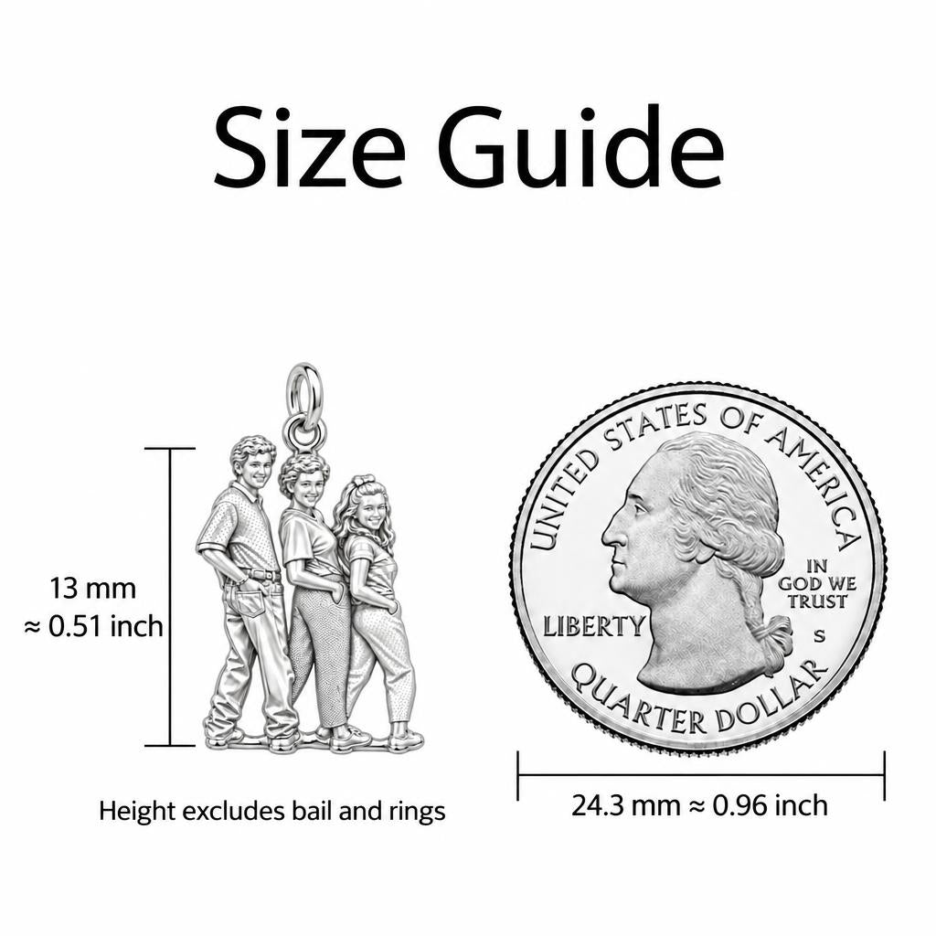 Custom Family Portrait Keepsake Plaque – size guide, 13 mm charm next to a quarter