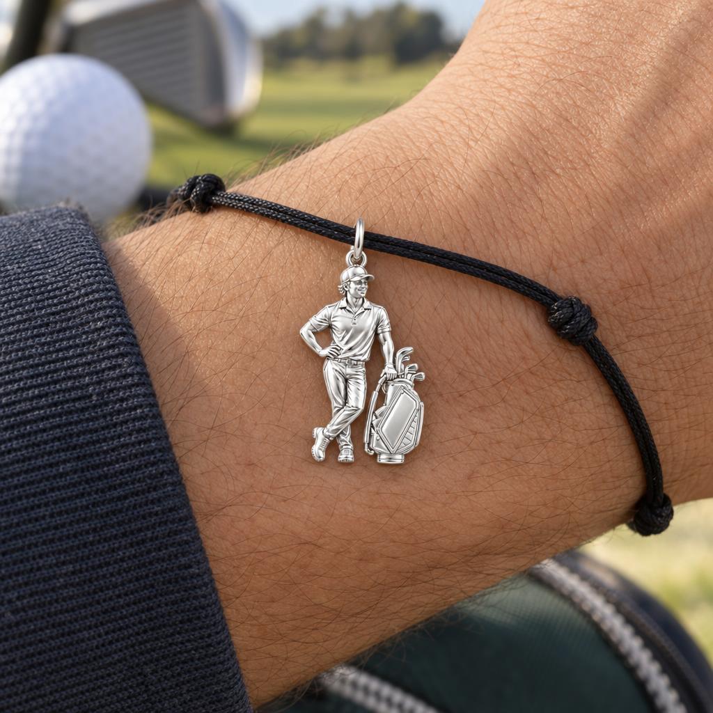 Custom Golfer Charm – Personalized Dad Gift – worn on the wrist on a black cord bracelet