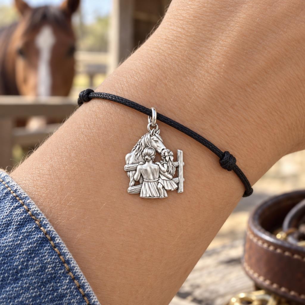 Custom Mother & Daughter Horse Photo Charm – worn on the wrist on a black cord bracelet