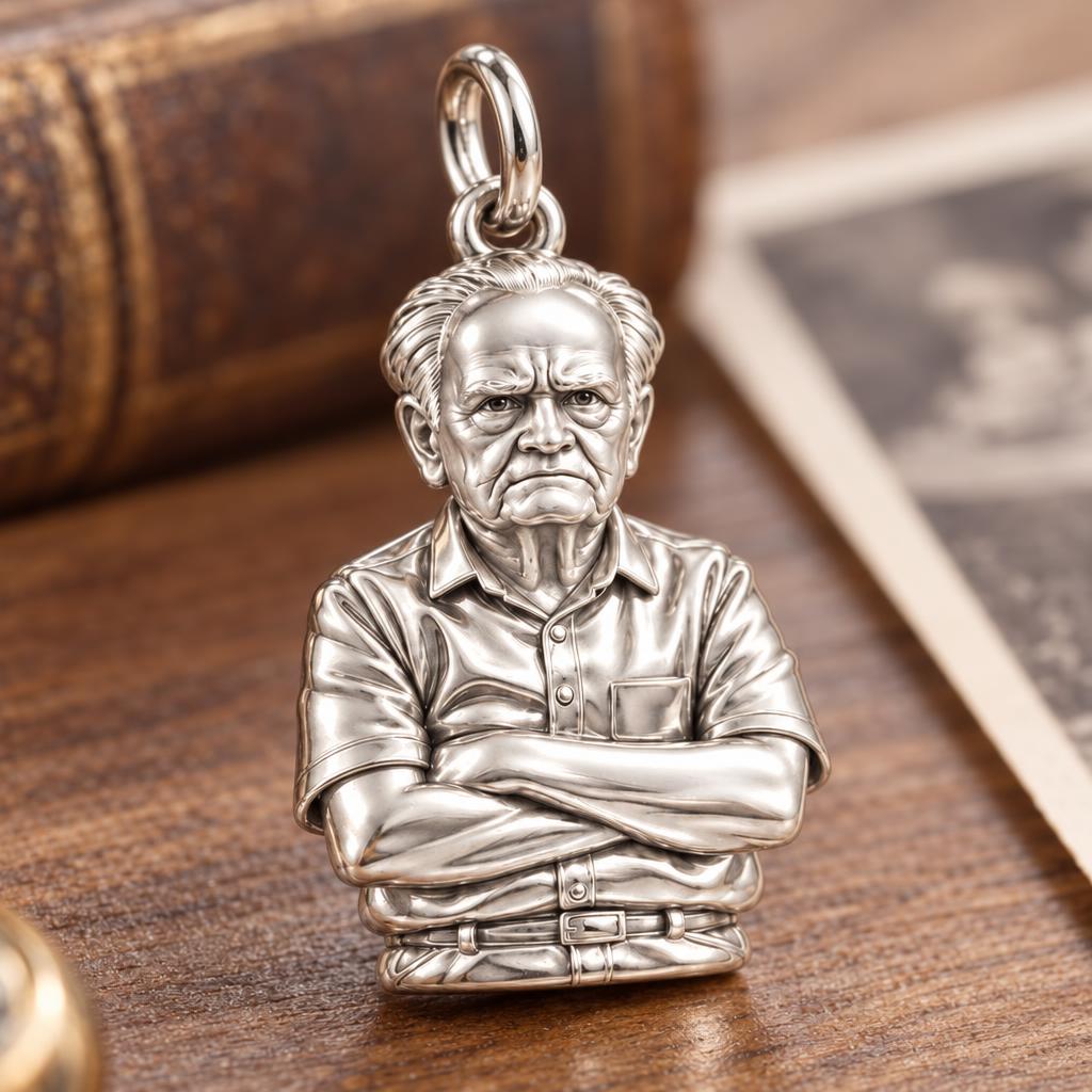 Custom Portrait Bust Charm Bracelet – Personalized Dad Gift – macro detail of the charm