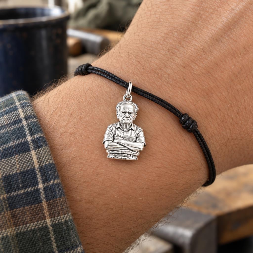 Custom Portrait Bust Charm Bracelet – Personalized Dad Gift – worn on the wrist on a black cord bracelet