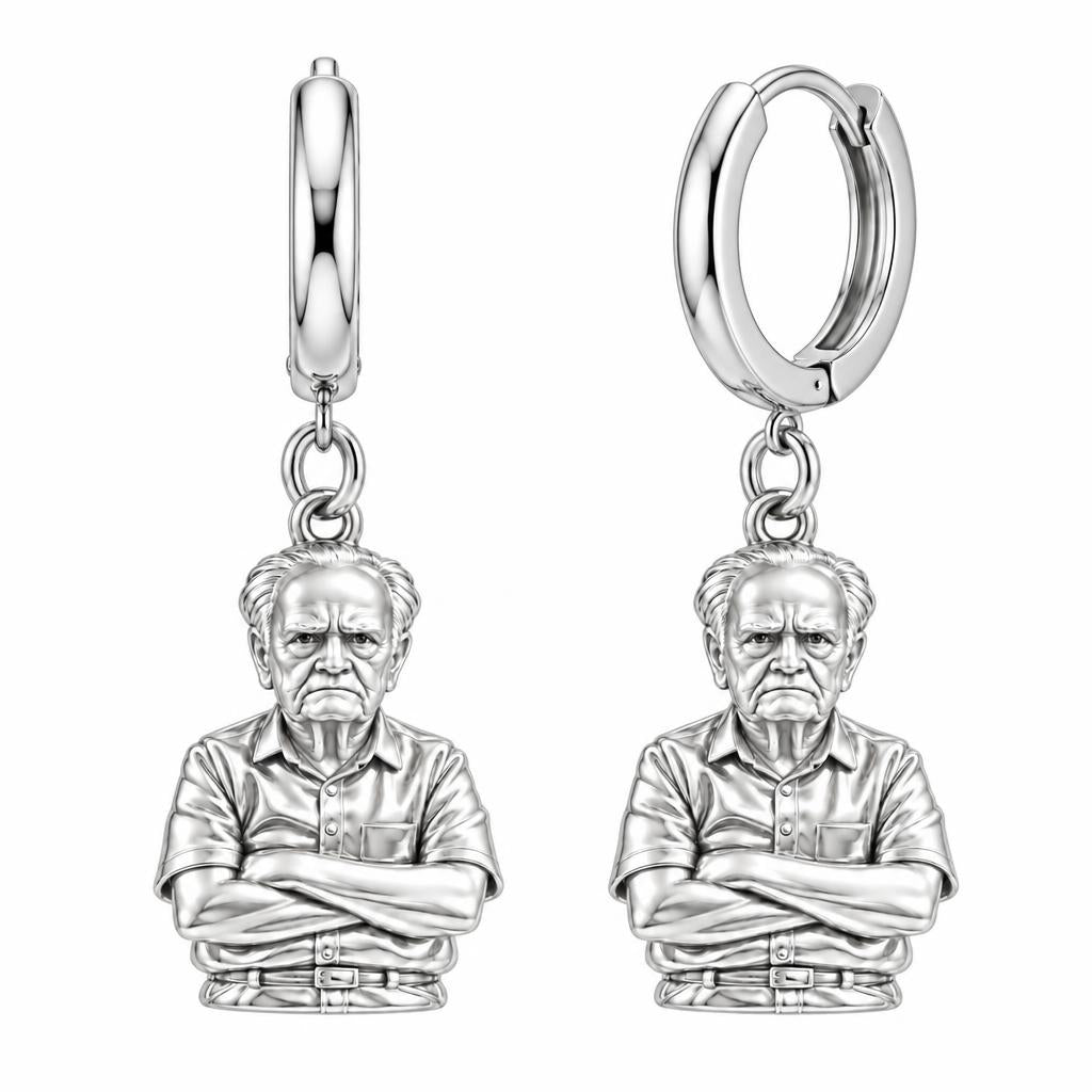 Custom Portrait Bust Huggie Charm Earrings – silver, front view