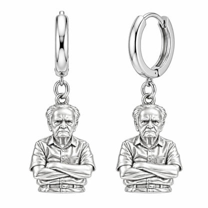 Custom Portrait Bust Huggie Charm Earrings – silver, front view