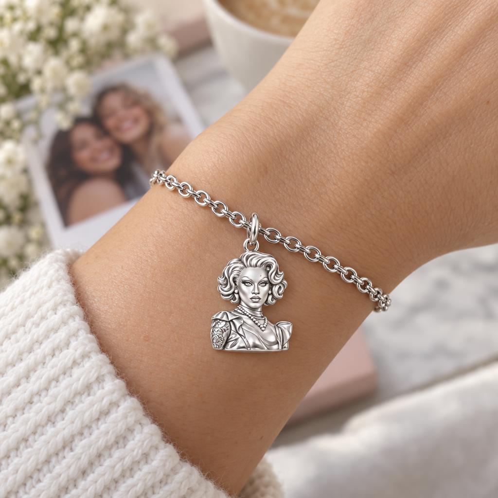 Custom Portrait Icon Charm Bracelet Set – worn / in use