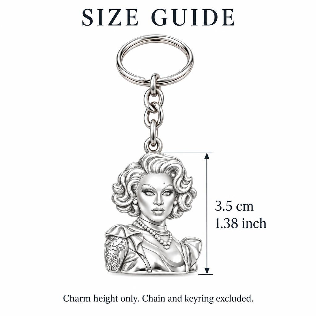 Custom Portrait Icon Charm Keychain – size guide, 3.5 cm (1.38 in) charm, chain and keyring excluded