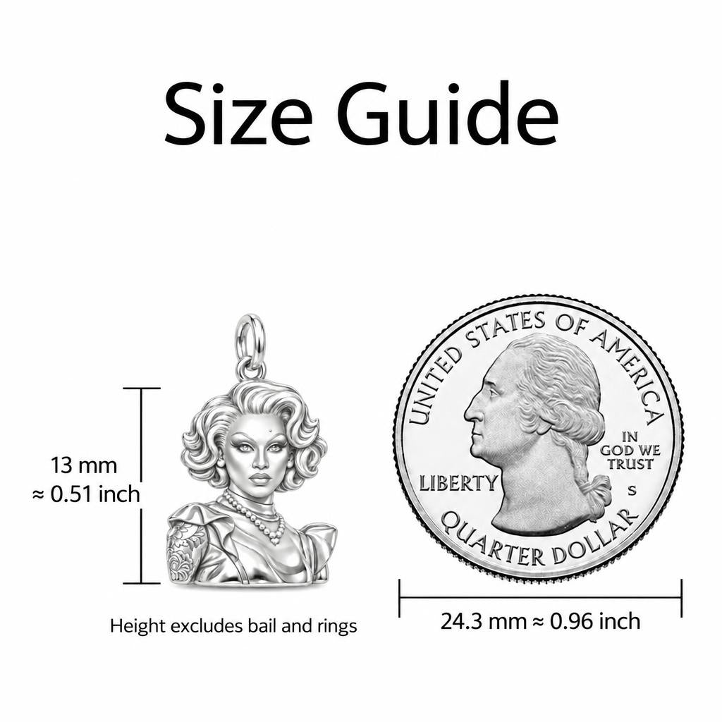 Custom Portrait Icon Charm Necklace Set – size guide, 13 mm charm next to a quarter