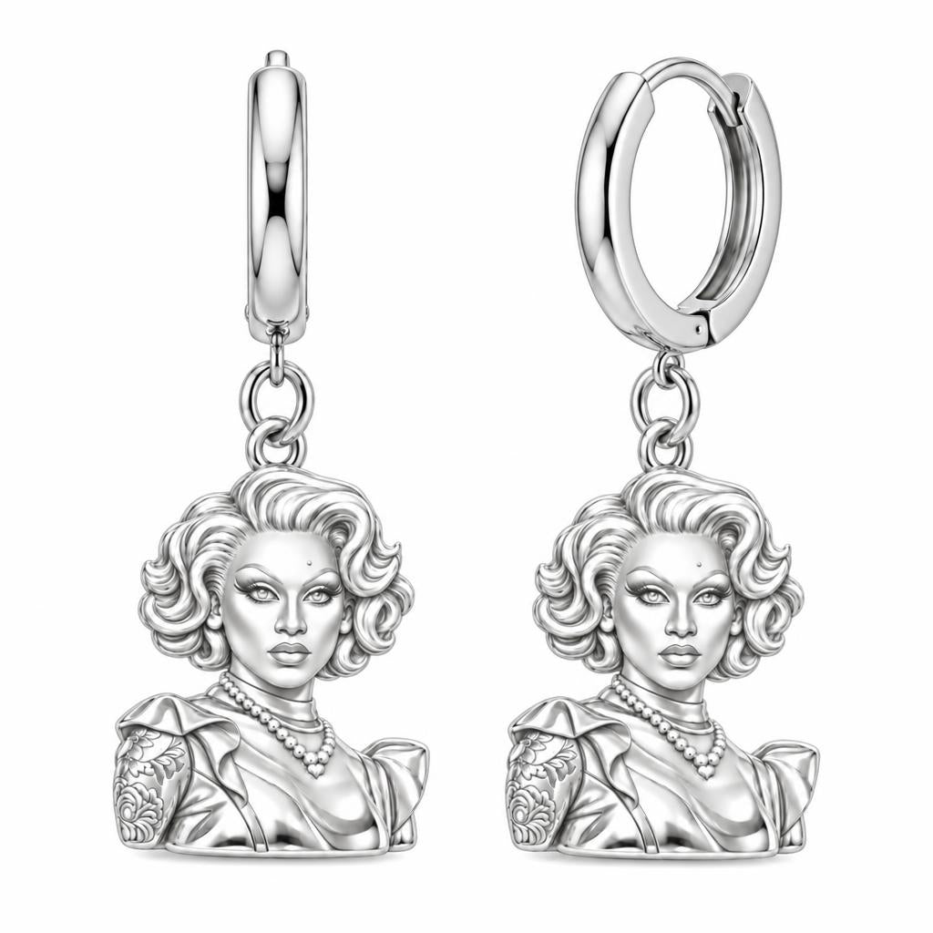 Custom Portrait Icon Huggie Charm Earrings – silver, front view