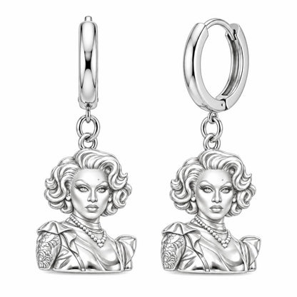 Custom Portrait Icon Huggie Charm Earrings – silver, front view