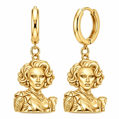 Custom Portrait Icon Huggie Charm Earrings – 18K gold, front view