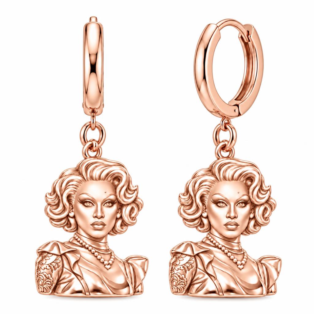 Custom Portrait Icon Huggie Charm Earrings – rose gold, front view