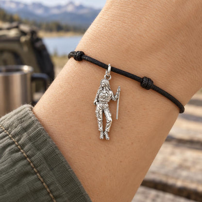 Custom Sculpted Adventurer Charm Bracelet – Personalized Gift – worn on the wrist on a black cord bracelet