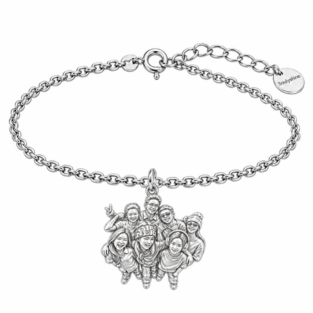 Custom Sculpted Group Portrait Charm Bracelet Set – silver, front view