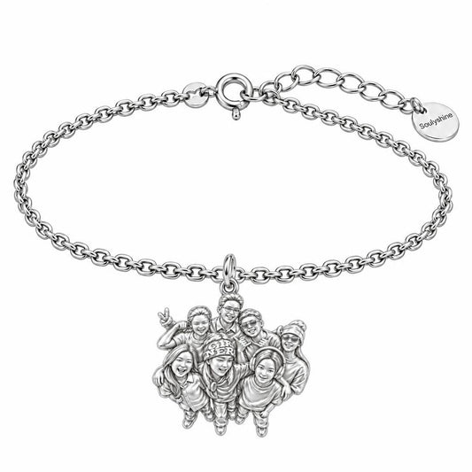 Custom Sculpted Group Portrait Charm Bracelet Set – silver, front view