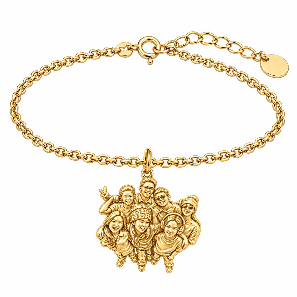 Custom Sculpted Group Portrait Charm Bracelet Set – 18K gold, front view