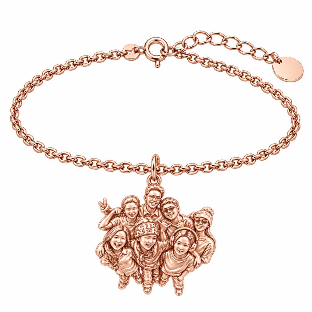 Custom Sculpted Group Portrait Charm Bracelet Set – rose gold, front view
