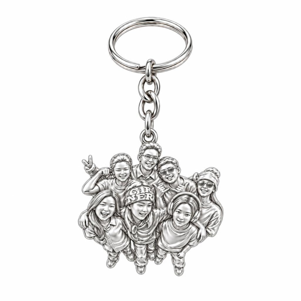 Custom Sculpted Group Portrait Charm Keychain – silver, front view