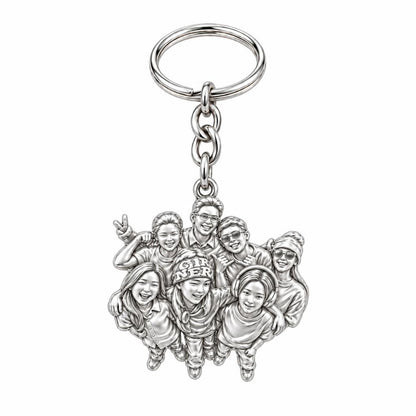 Custom Sculpted Group Portrait Charm Keychain – silver, front view