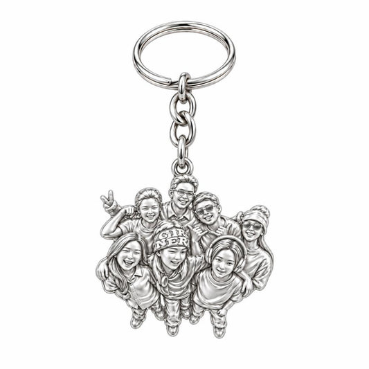 Custom Sculpted Group Portrait Charm Keychain – silver, front view