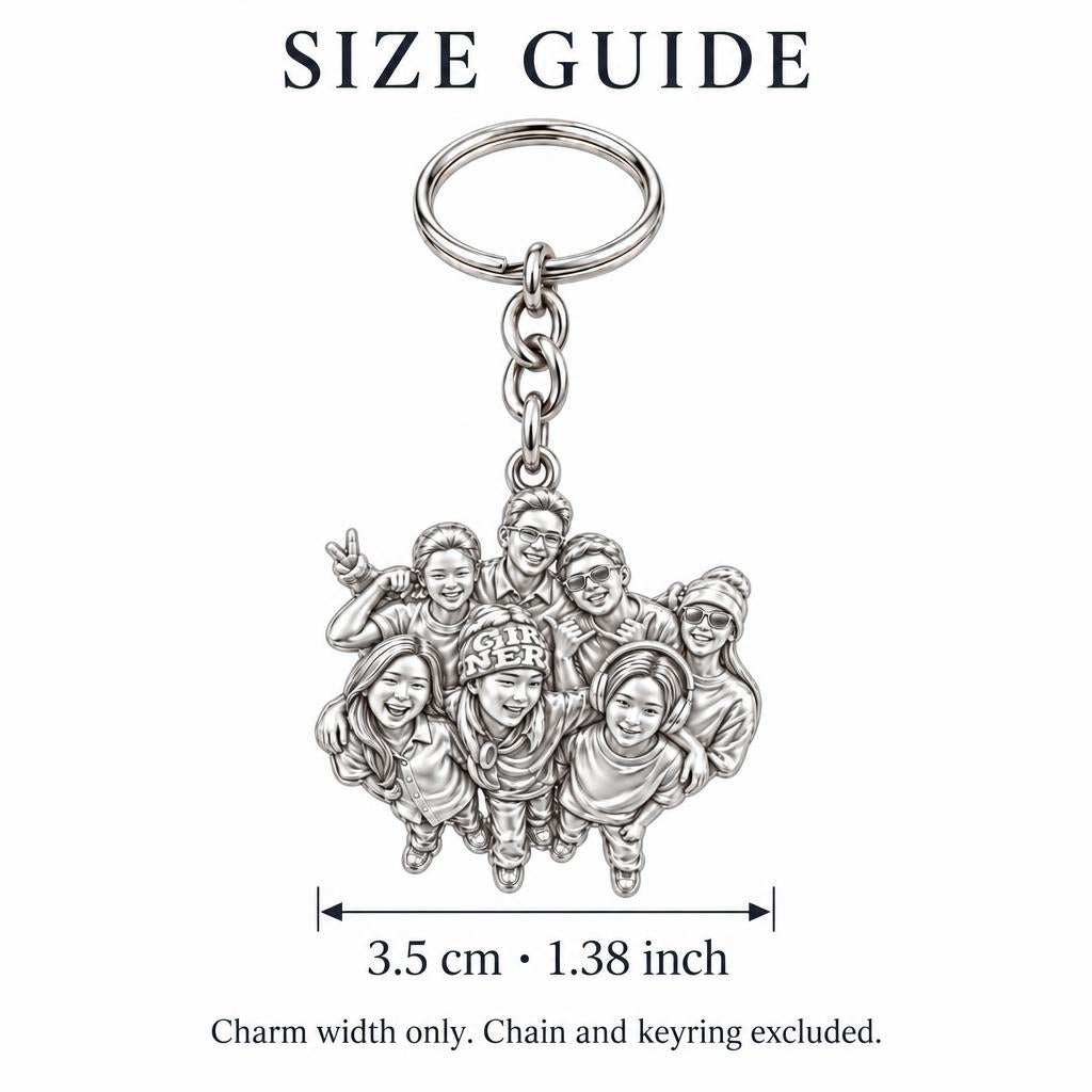 Custom Sculpted Group Portrait Charm Keychain – size guide, 3.5 cm (1.38 in) charm, chain and keyring excluded